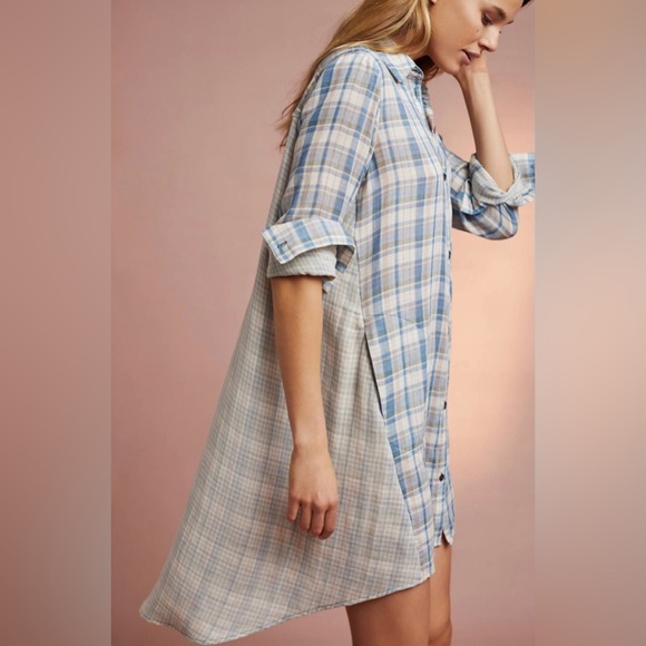Saturday Sunday Anthropologie Grunge Blue Plaid Gauzy Shirt Dress Size S Boho - Picture 2 of 15